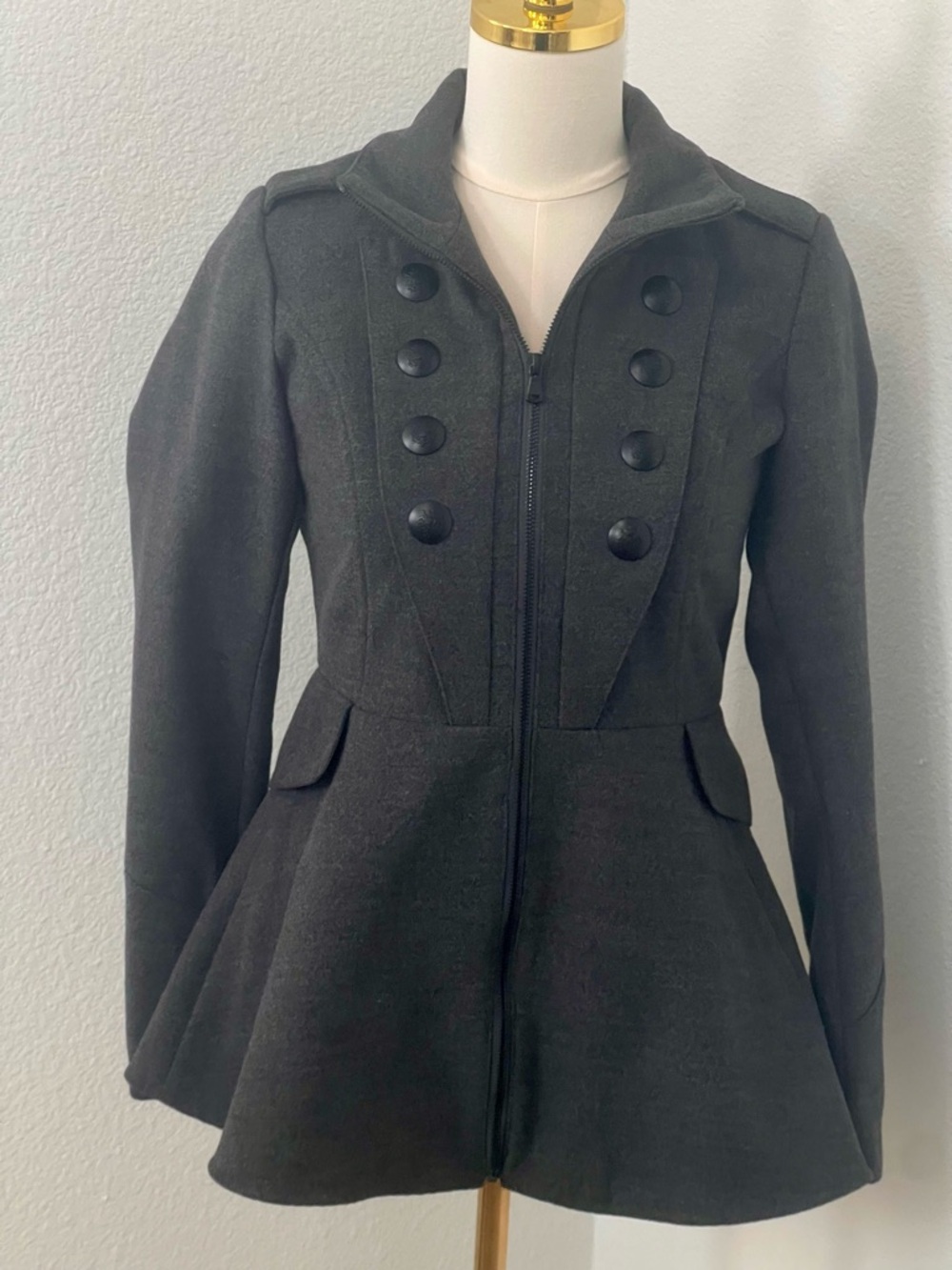 Anthropologie Pink Envelope Charcoal Military Peplum Coat Jacket Size S - Picture 2 of 11